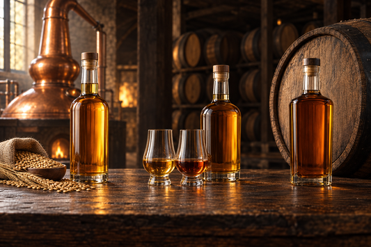Single Malt, Blended och Single Cask illustrerade med whiskyflaskor, malt och ekfat