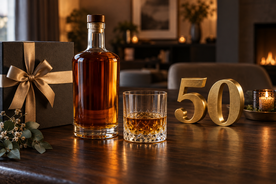 Whiskyflaska, whiskyglas och guldfärgad 50-årsdekoration