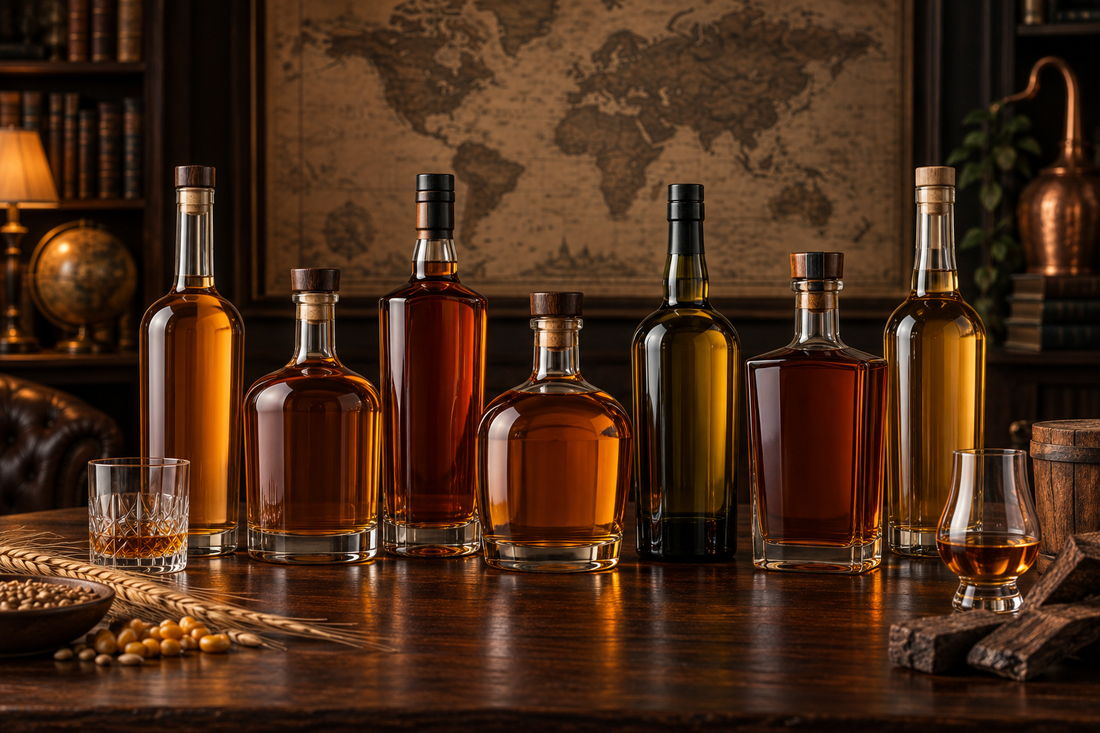 Olika whiskysorter framför en världskarta som symboliserar global försäljning