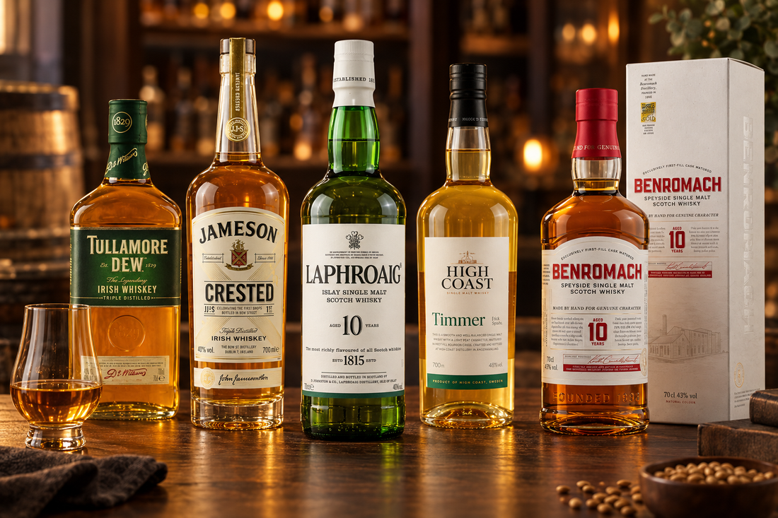 Fem olika whiskysorter från Irland, Skottland och Sverige