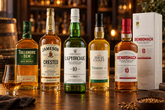 Fem olika whiskysorter från Irland, Skottland och Sverige