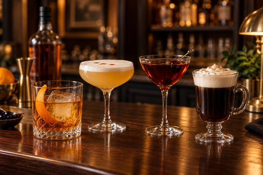 Fyra klassiska whiskydrinkar: Old Fashioned, Whiskey Sour, Manhattan och Irish Coffee