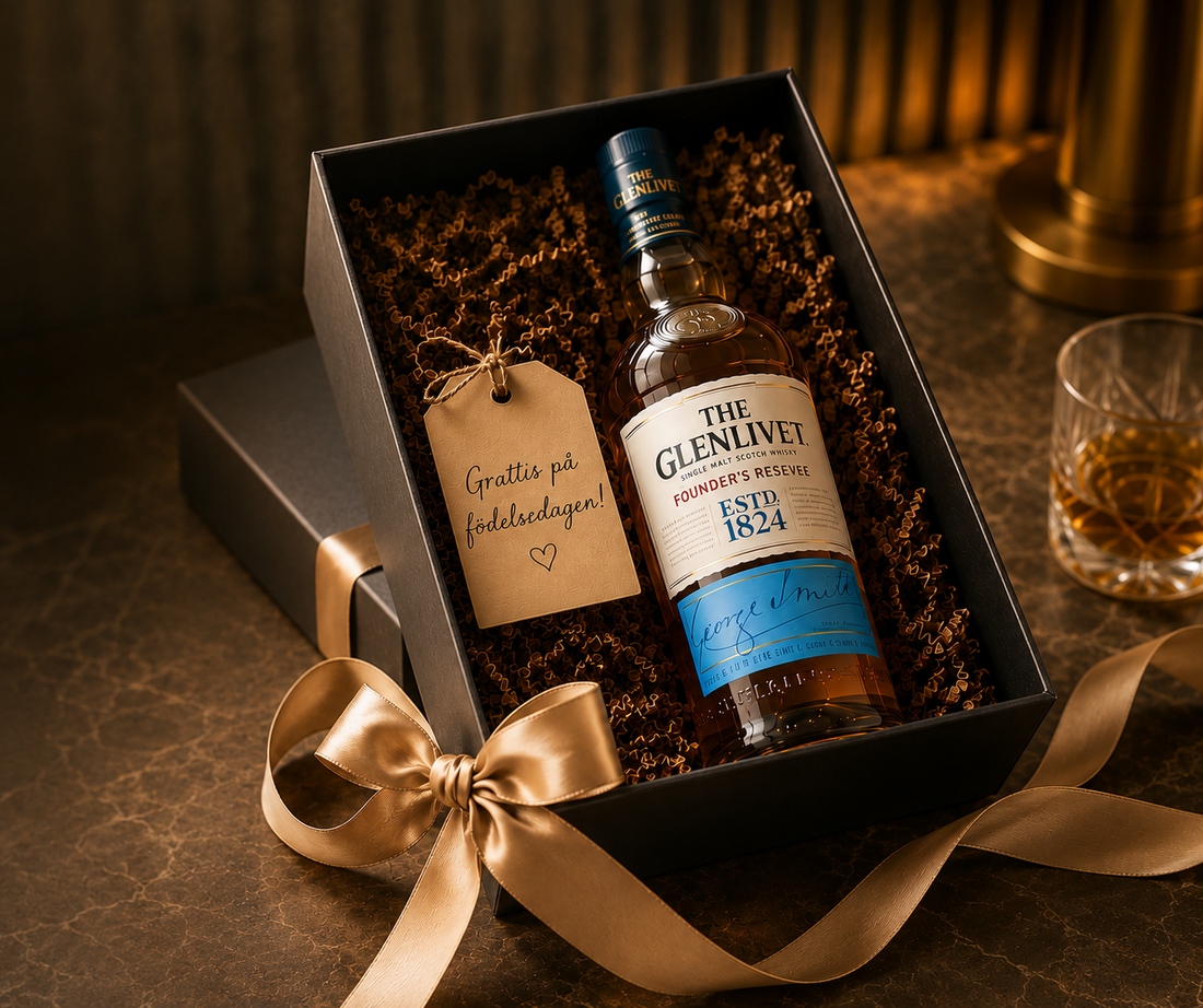Whiskyflaskor i presentask med rosett