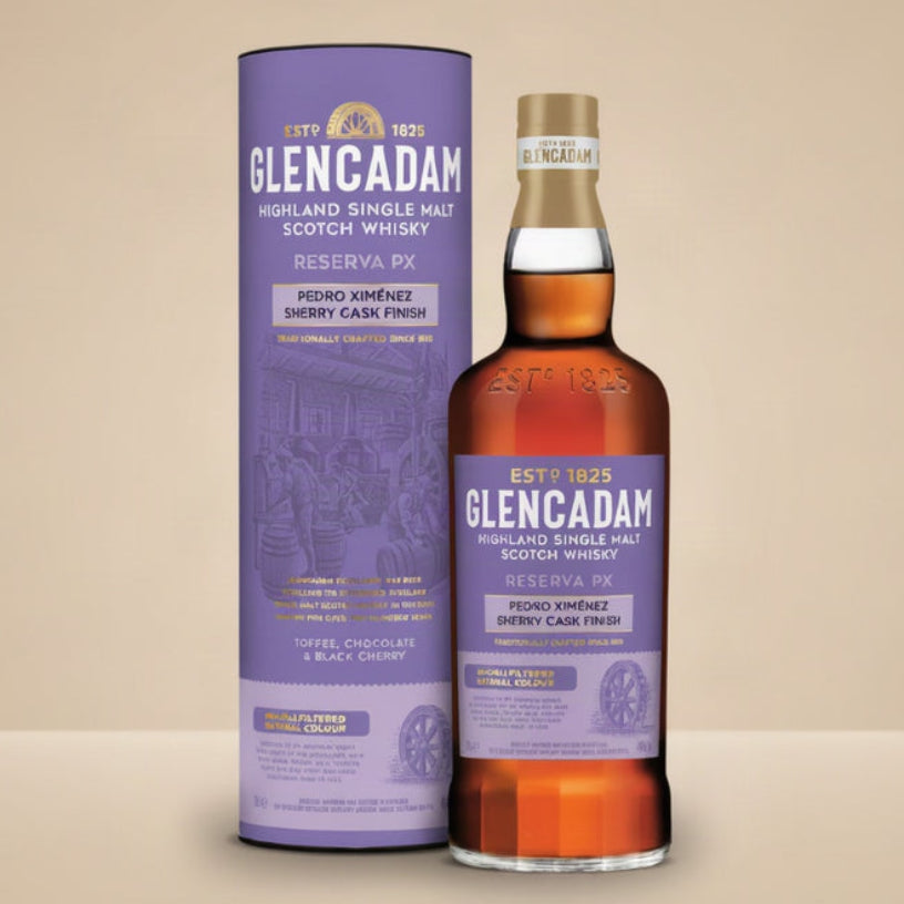 Glencadam Pedro Ximénez Sherry Cask Finish med flaska och lila presenttub